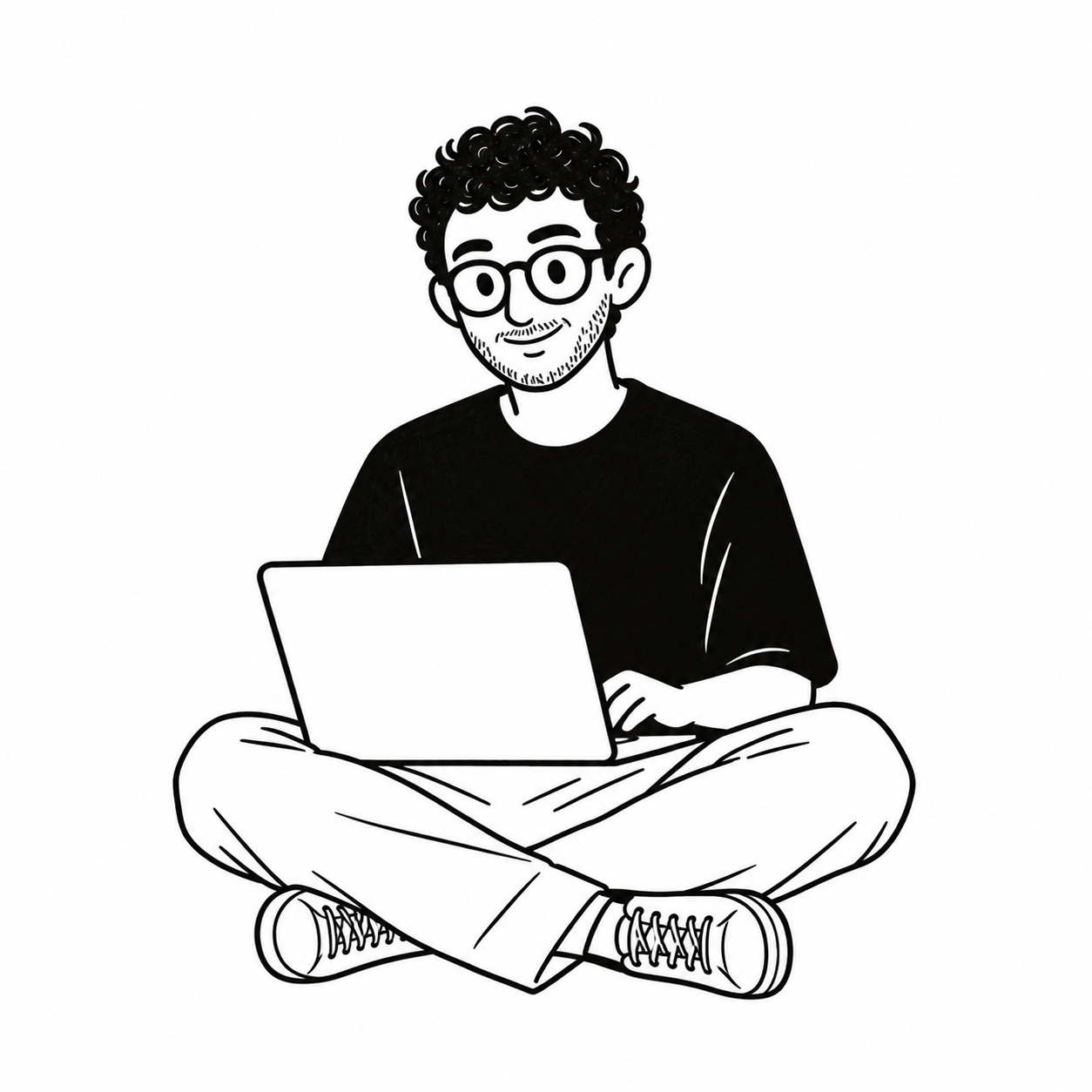 A hand-drawn Yehya with curly hair and round glasses, sitting cross-legged with a laptop